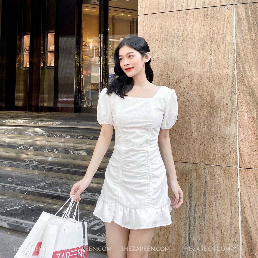 Đầm nữ dễ thương thiết kế cổ vuông đuôi xòe tay ngắn xinh xắn 2 màu như hình thời trang Bella Luu Shop