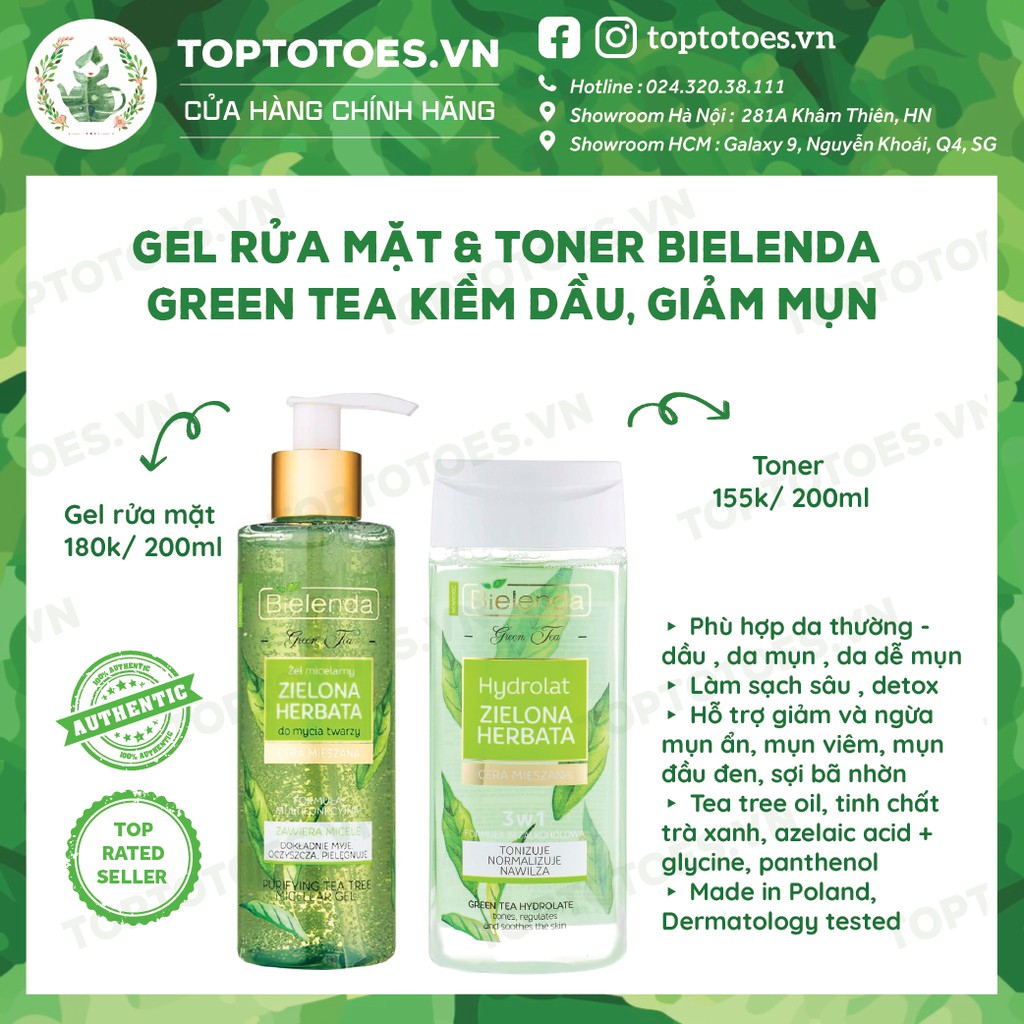 Gel rửa mặt & Toner Bielenda Green Tea làm sạch sâu, kiềm dầu, giảm mụn