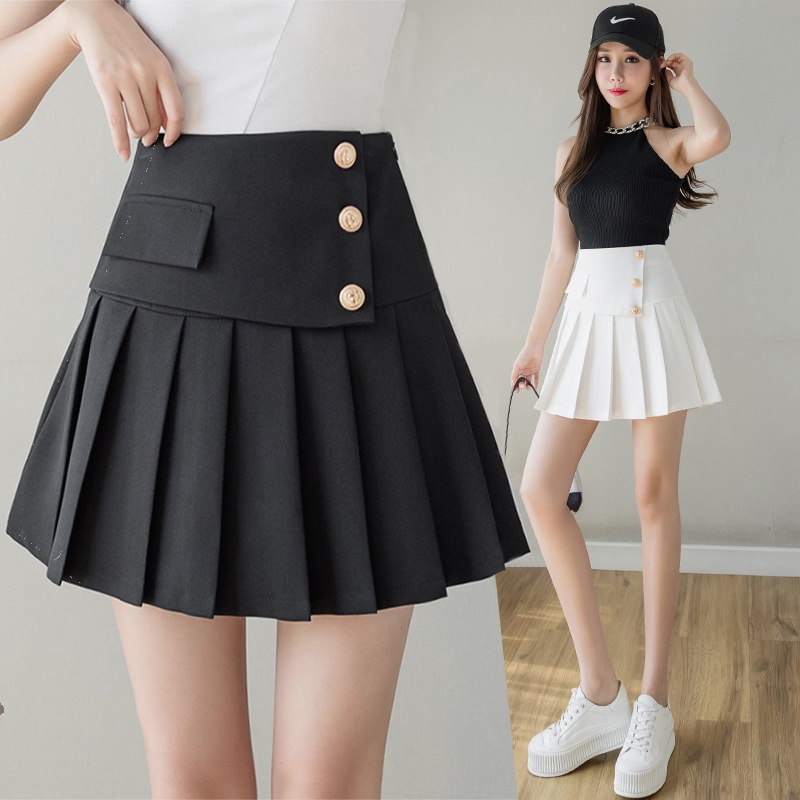 Chân váy tennis xếp ly ngắn lưng cao chữ A đen trắng trẻ trung năng động vạt chéo 3 khuy vải dày có bigsize CV24