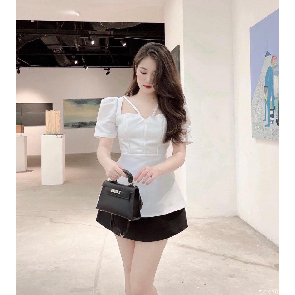Áo peplum phối dây taynhi1 bo eo dáng xòe mặc công sở hay đi phố