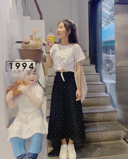 SET ÁO PHÔNG CỘT NƠ EO MIX CHÂN VÁY CHẤM BI