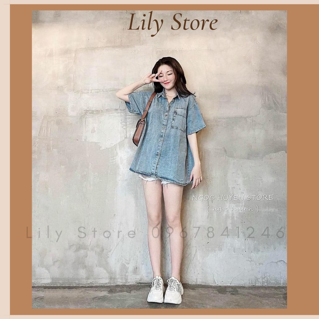 Áo Jean nữ cộc tay form rộng, áo sơ mi nữ tay ngắn có túi ngực hot hit 2022 - SB01 LILY