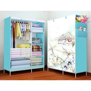 Tủ vải quần áo 3D sang trọng 2 buồng 6 ngăn (xanh dương)