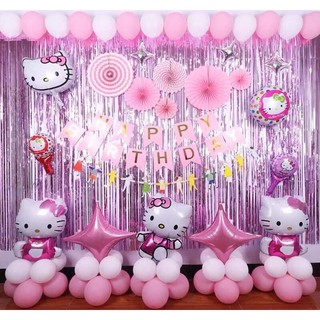 Set bóng trang trí sinh nhật chủ đề Hello Kitty bộ to màu hồng dành cho bé gái