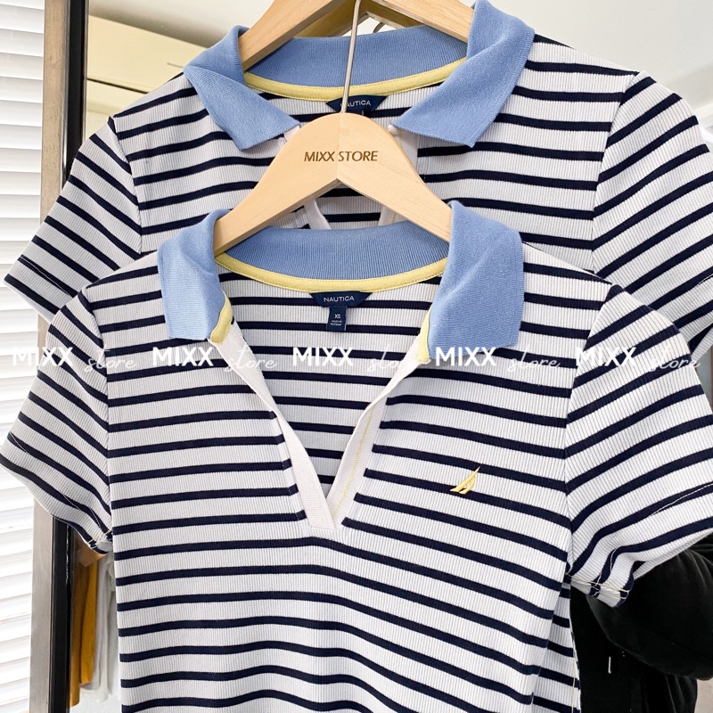 Áo thun nữ có cổ polo sọc Nautica xịn chất đẹp dày dặn phom ôm dáng vừa chuẩn xinh