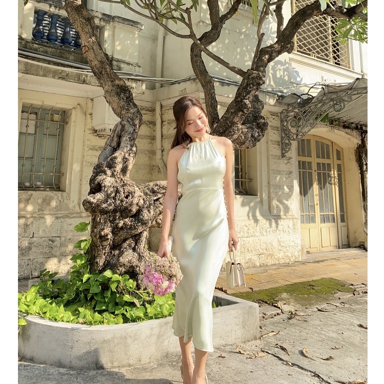 Charlotte Dress - CLOTHES BAR Váy lụa cổ yếm khoe vai trần, chiết eo với hàng nút gợi cảm quyến rũ tự tin dạo phố
