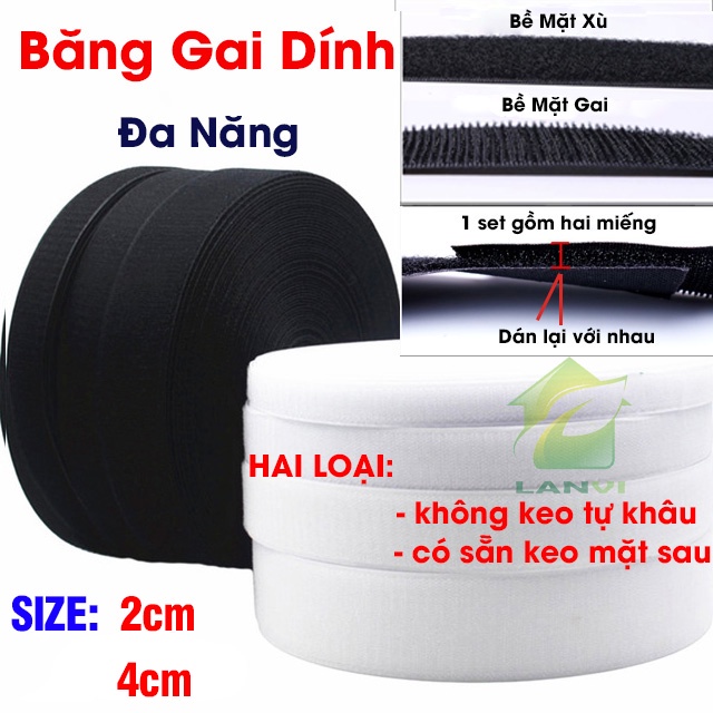 Băng gai dính khóa nhám gai, miếng dán vải 2 mặt dán giày, túi xách, quần áo các vật dụng khổ 2cm