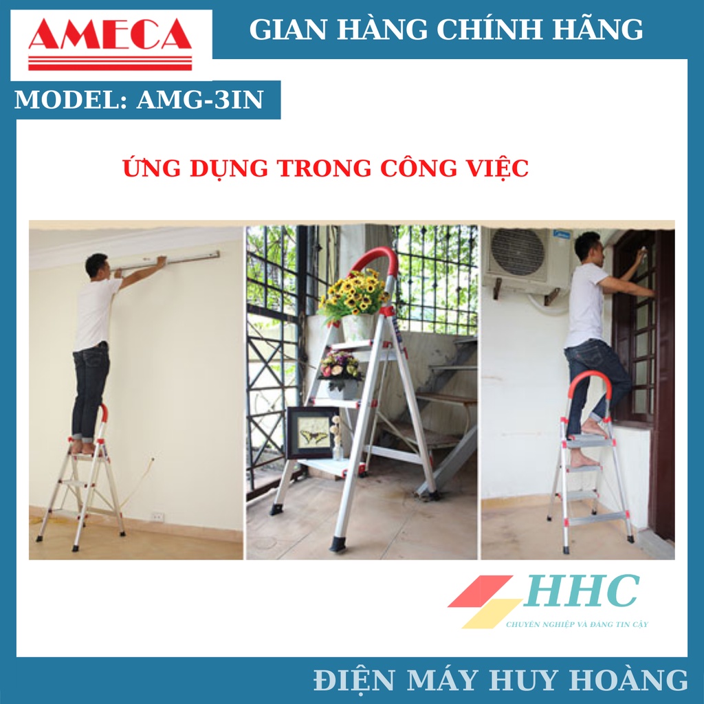 Thang nhôm xếp, thang ghế inox tay vịn 3 bậc Ameca AMG-3IN