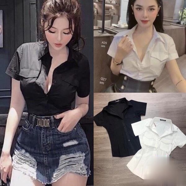 Áo sơ mi nữ chất vải kate kiểu phối 2 túi nắp alohashop91