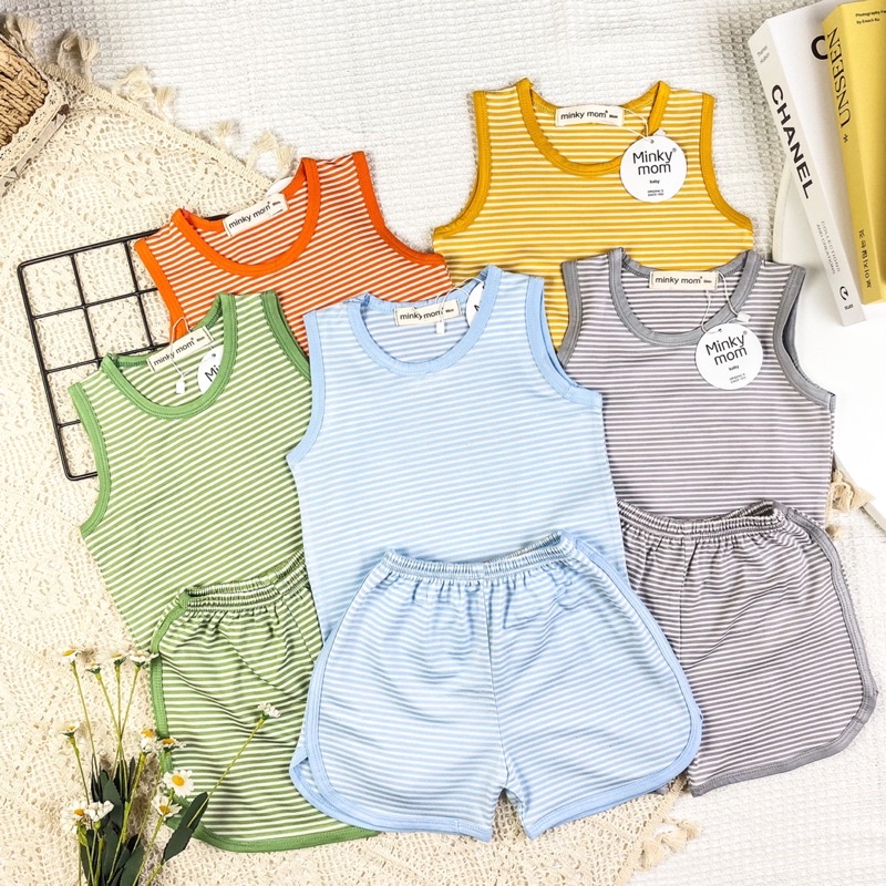 Bộ ba lỗ kẻ vải thun lạnh Minky mom cho bé trai, bé gái