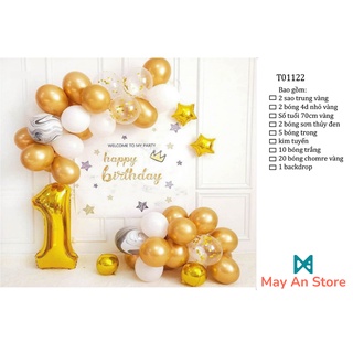 Combo bong bóng trang trí tiệc sinh nhật cho bé Happy Birthday tone màu vàng gold kèm backdrop dễ thương