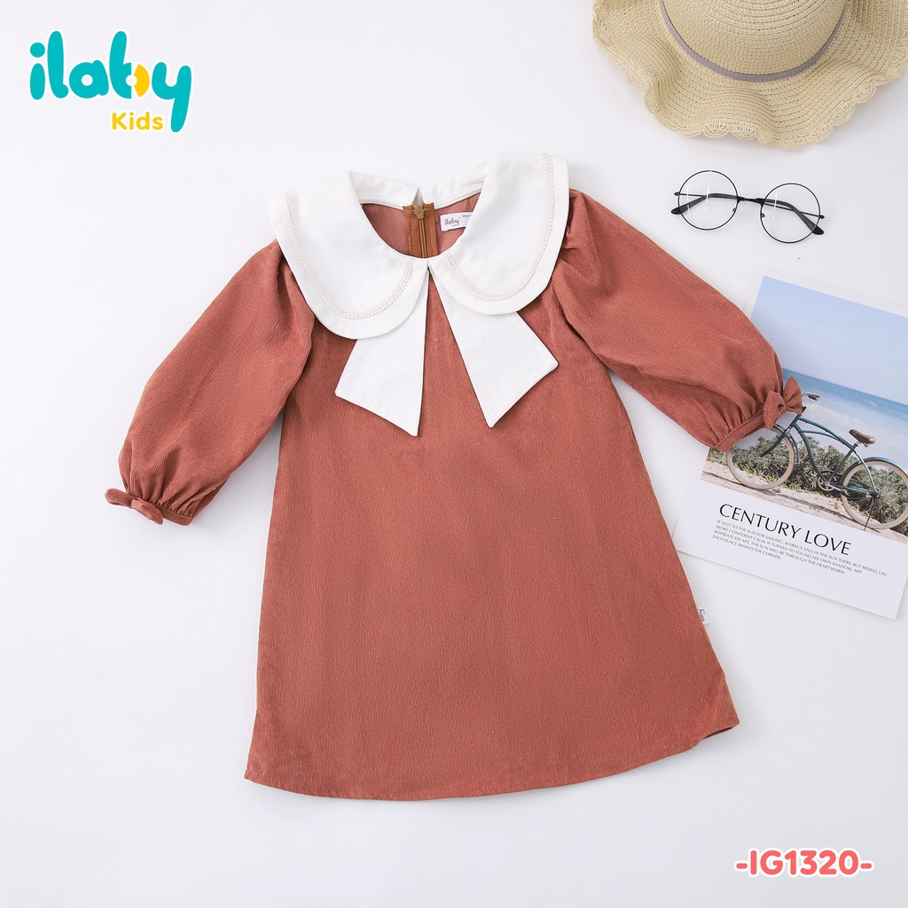 Váy cho bé gái ILABY phối lá cổ nơ chất liệu nhung tăm [10IG1320I2DL]