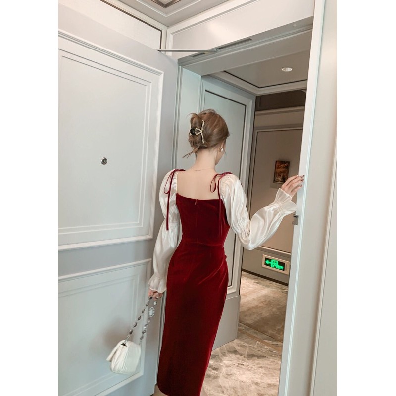 Body nhung nhún ngực tay voan nhún