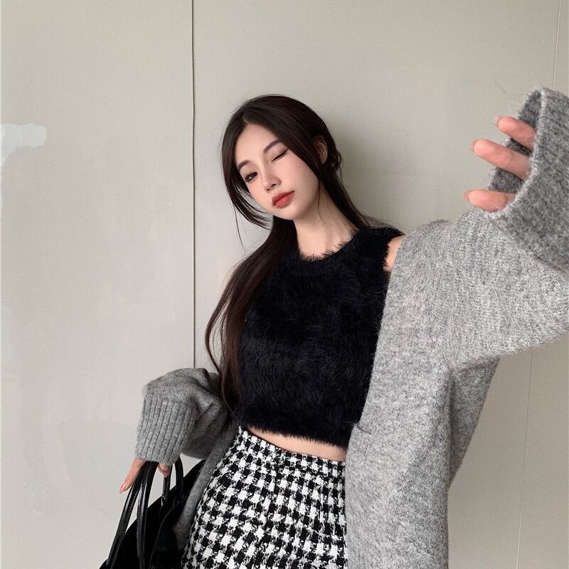 Áo dệt kim sát nách cổ tròn màu trơn đơn giản hợp thời trang