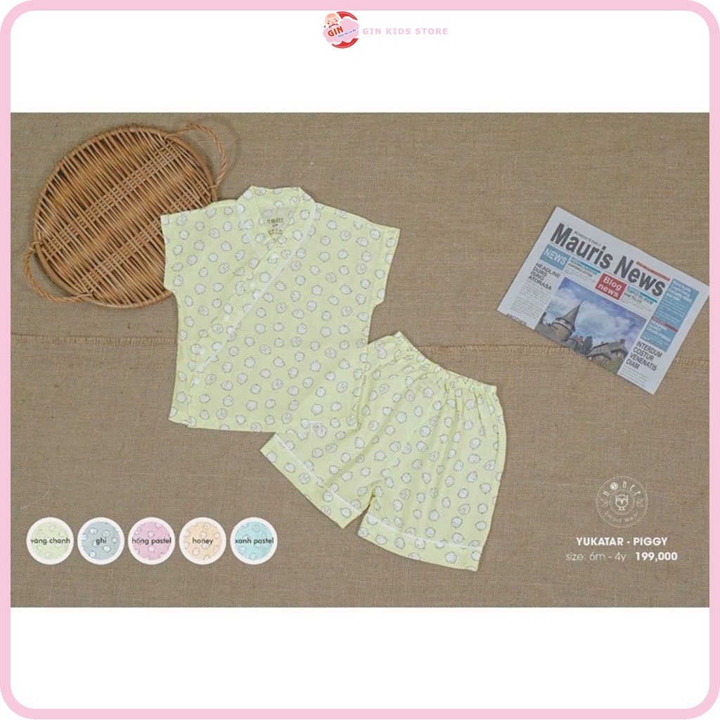 Bộ Cộc Tay Pijama Yukatar Cài Chéo - HRNEE Chính Hãng - Gin Kids Store Đồ Ngủ  Bé Trai,Bé Gái, Màu Xanh,Vàng,Hồng