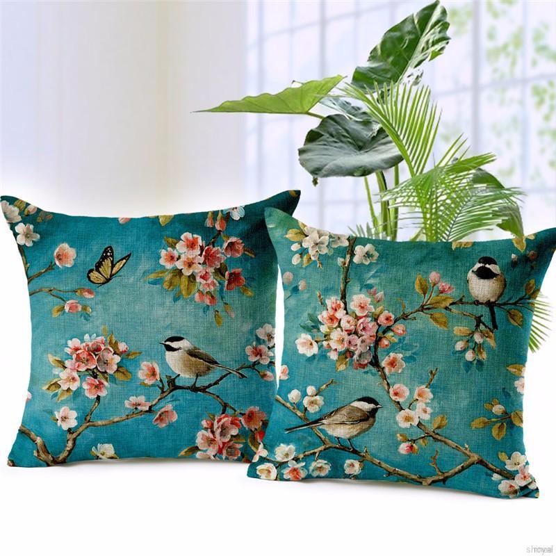 Áo Gối Được Làm Từ Vải Lanh Và Vải Cotton Với Họa Tiết In Hình Hoa Và Chim