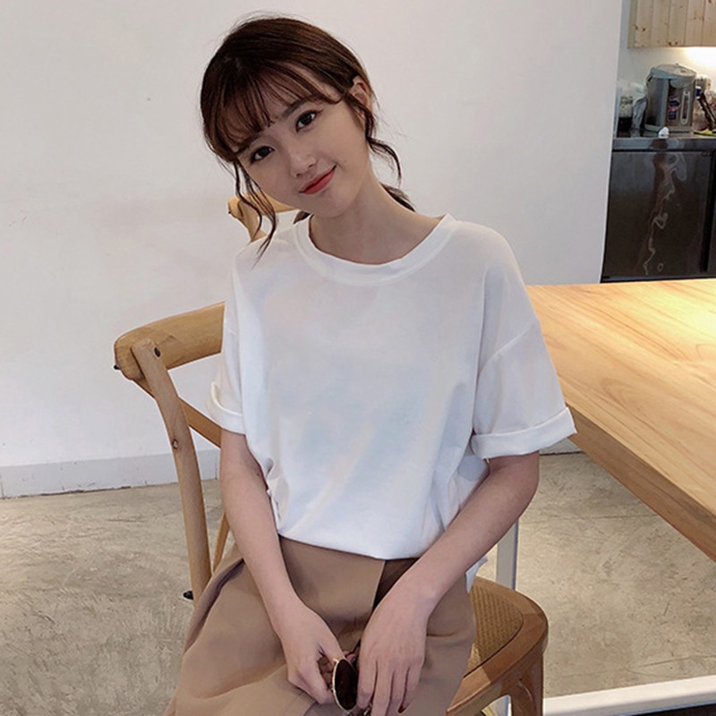 Áo Thun Cổ Tròn Dáng Rộng Màu Trơn Phong Cách Hàn Quốc