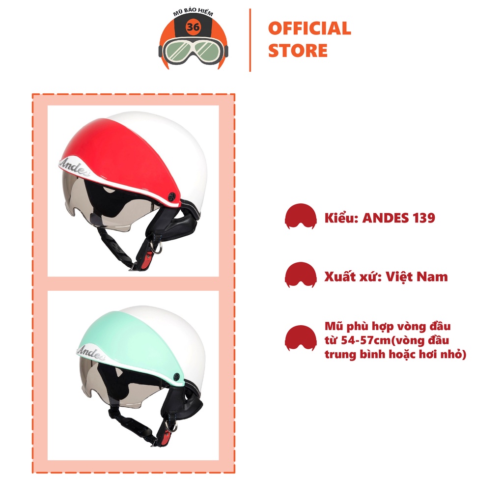 Mũ bảo Hiểm nửa đầu 1/2 ANDES 139 chính hãng có kính ẩn - Tháo Được Lót/Giấu Kính