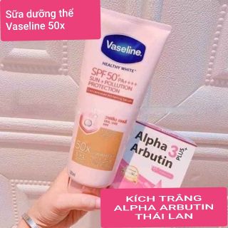Combo dưỡng thể vaseline 50x và vỉ kích trắng alpha arbutin thái