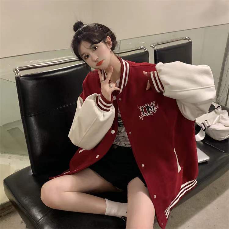 Áo Khoác Đồng Phục Bóng Chày Màu Nâu Phong Cách Retro Đường Phố Mỹ