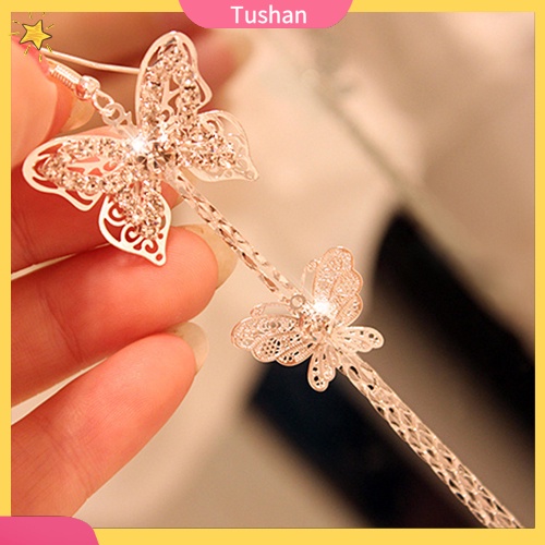 Cặp khuyên tai dây tua dài hình bướm đính đá thời trang cho nữ