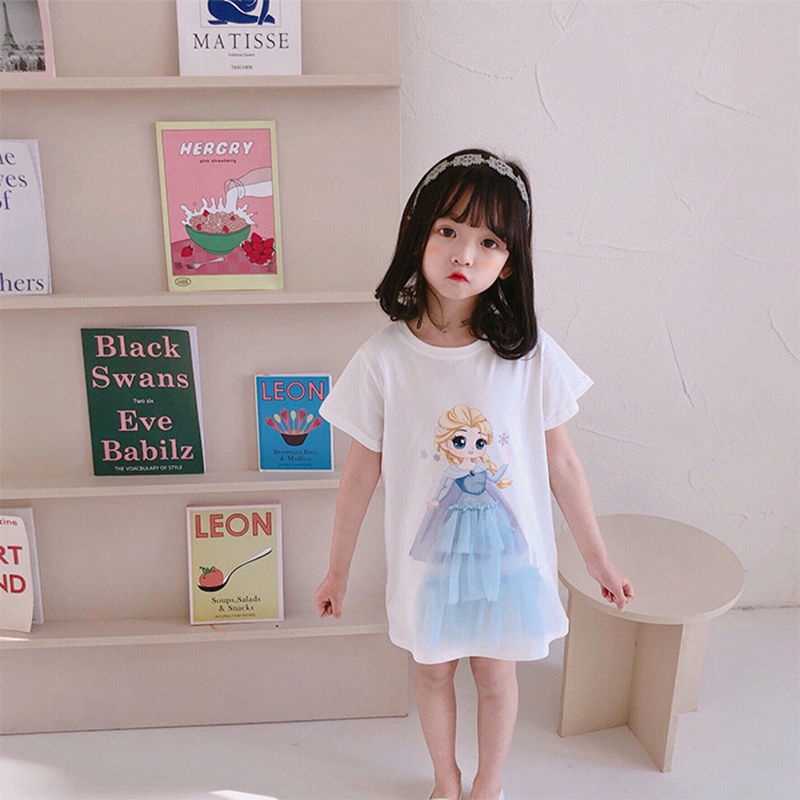 Đầm Thun Cotton Ngắn Tay In Hoạt Hình Công Chúa Disney Đáng Yêu Cho Bé Gái