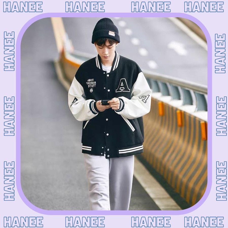 Áo Bomber HANEE HN2027 Phối Màu Đen Trắng In Hình QA Chất Liệu Kaki