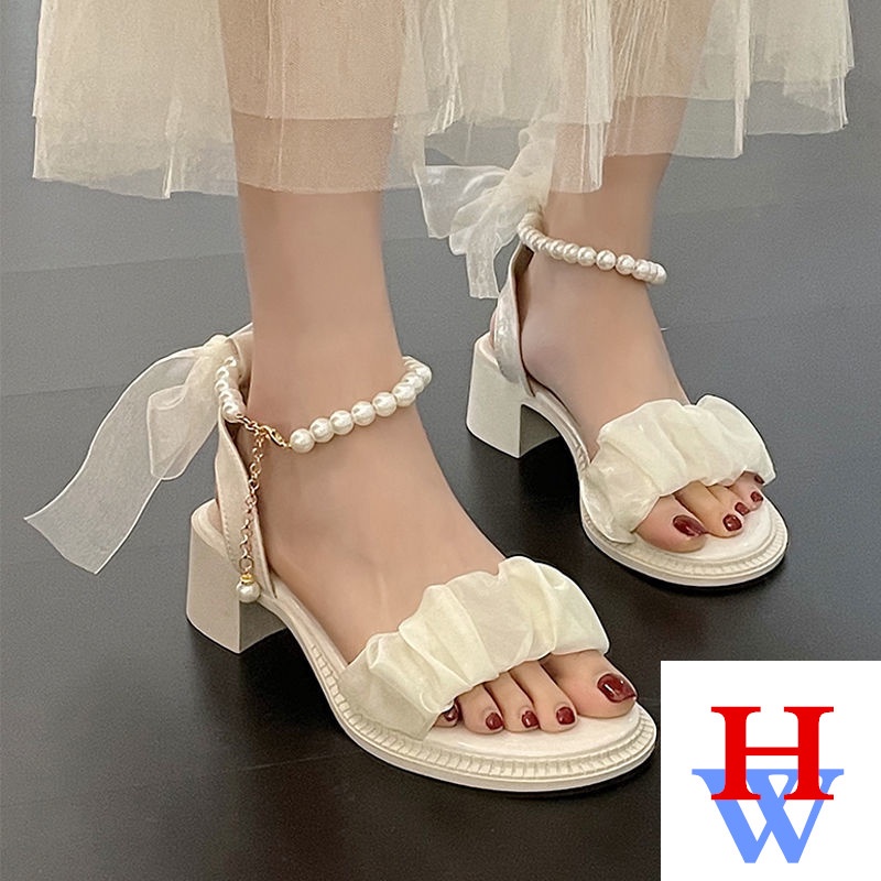 Giày Sandal Cao Gót Mùa Hè 2022 Đính Dây Ruy Băng Ngọc Trai Có Khóa Cài Phong Cách Thần Tiên Phong Cách Roman Mới Cho Nữ