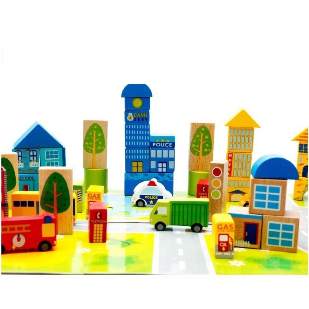 Đồ chơi xếp hình mô hình thành phố 62 chi tiết bằng gỗ - đồ chơi trí tuệ Bonkids toys