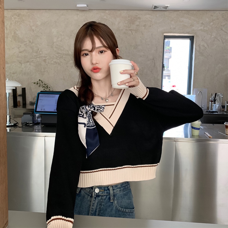 Áo sweater dáng ngắn màu sắc tương phản thời trang phong cách retro cho nữ