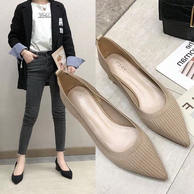 Sz 34-39 Giày chun mũi nhọn gót vuông 5cm