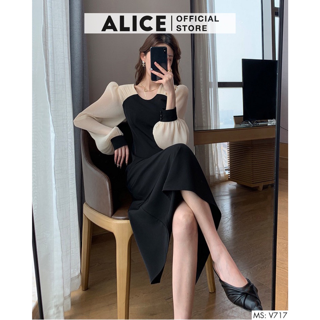 Váy Dài Tay Tiểu Thư ALICE V717, Thiết Kế Ôm Eo Tôn Dáng Bo Cổ Tay Sang Chảnh