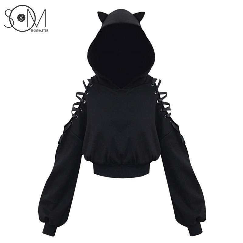 Áo Hoodie Màu Đen Dáng Rộng Phối Tai Mèo Dễ Thương Phong Cách Harajuku Cho Nữ