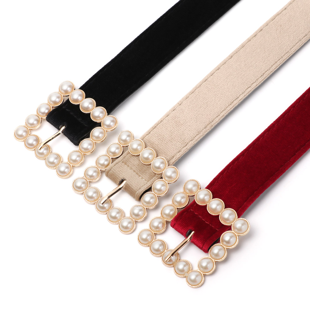 Thắt Lưng Vải Nhung Đính Hạt Ngọc Trai Nhiều Màu Sắc Phong Cách Thanh Lịch Thời Trang