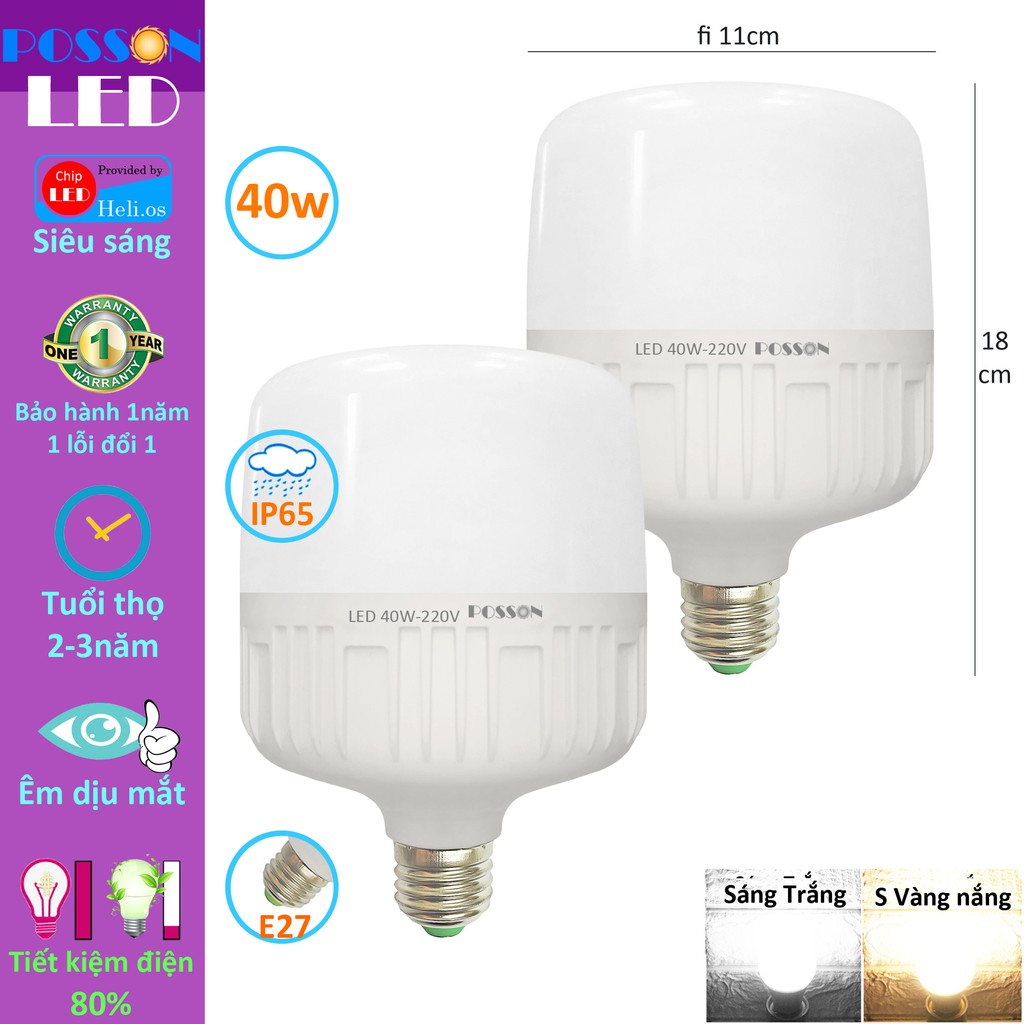 2 Bóng đèn Led trụ 40w bup trụ bulb siêu sáng tiết kiệm điện kín chống nước Posson LC-H40x