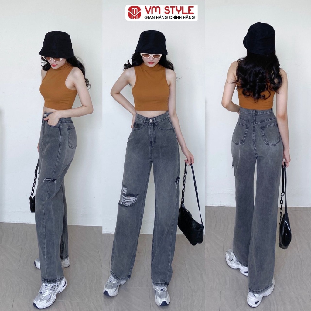 Quần jean ống rộng nữ lưng cao VM STYLE (không co giãn), quần bò rách đùi lai thường ulzzang nữ 5235 22QJR03TD2302