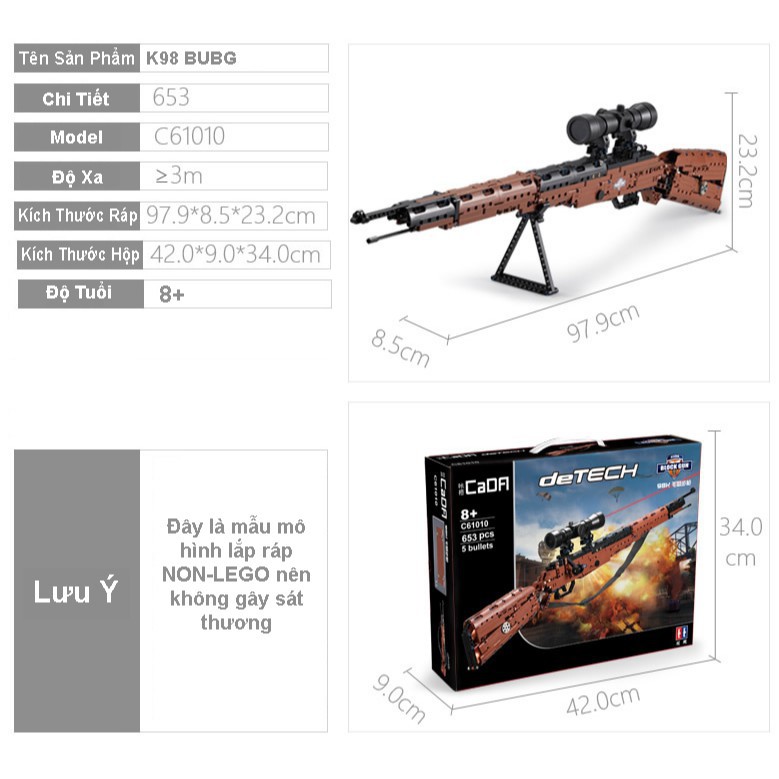 Đồ chơi xếp hình đồ chơi Lắp Ráp Kiểu LEGO Mô Hình PUBG Súng K98 CaDA C61010 653 Mảnh Ghép