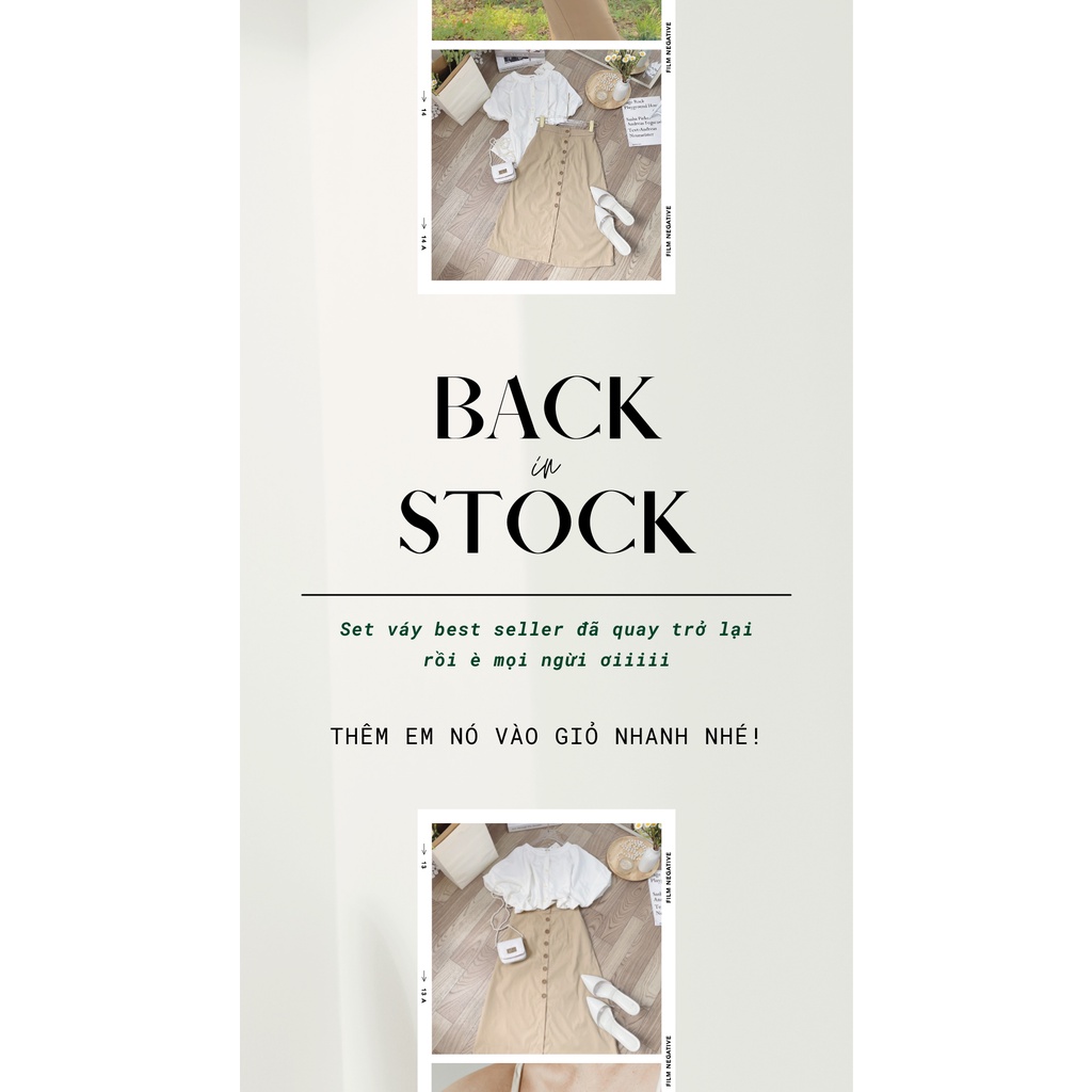 Set váy vintage chân váy kaki chữ A kèm áo sơ mi tay bồng