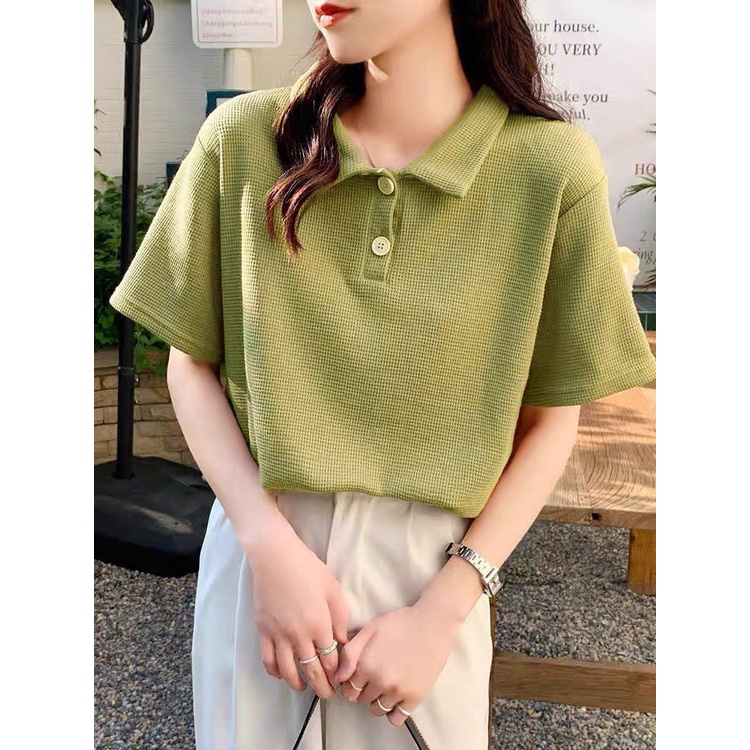Áo polo nữ bigsize 90 kg _ Áo Polo form rộng chất liệu cotton tổ ong phong cách Hàn Quốc APL