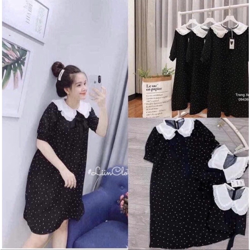 Váy Bầu Thiết kế công sở Cổ Trắng sen chấm bi Lịch sự, sang trọng, váy size từ 40-75kg