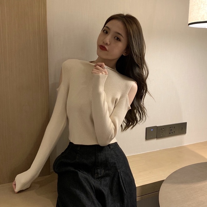 Áo dệt kim Xiaozhainv tay dài trễ vai thời trang Hàn Quốc cho nữ