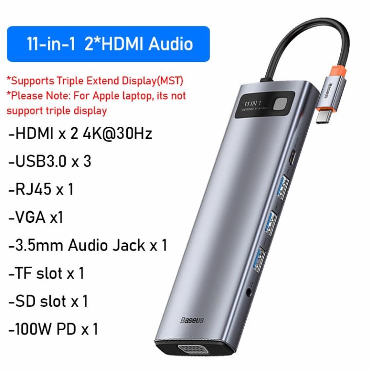 Bộ Chuyển Đổi Đa Năng HUB 11 in 1 HDMI 4K , PD 100W , VGA , USB 3.0 Cho Laptop , Macbook , tivi .Baseus CAHUB-CT0G