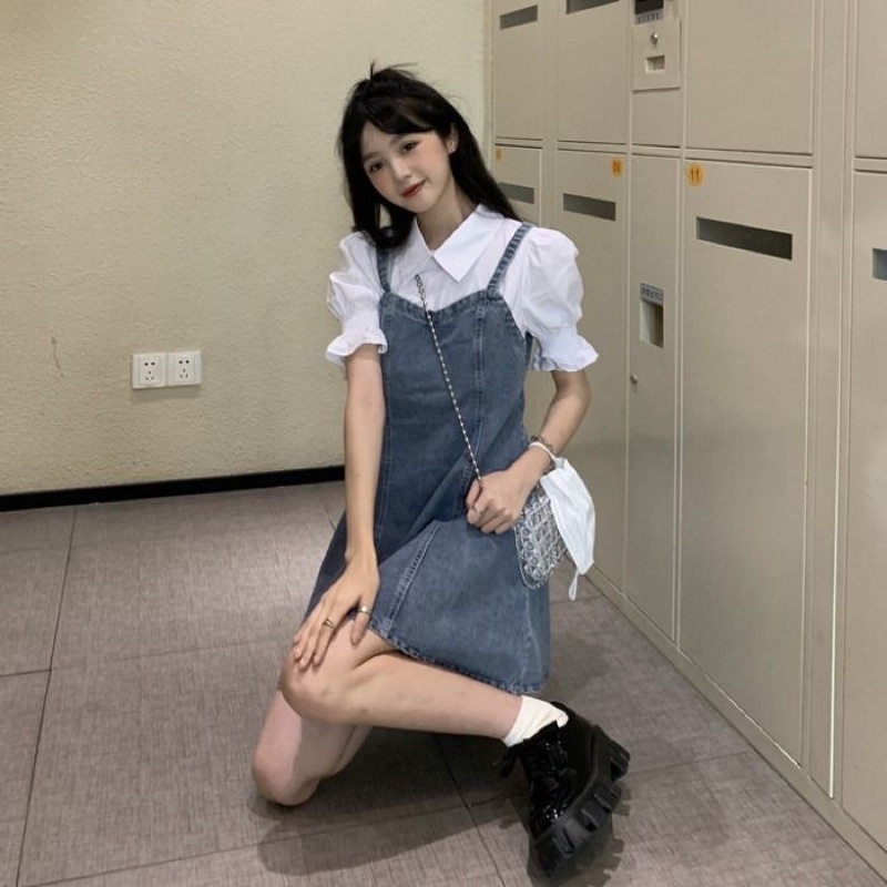 Set yếm váy jeans liền sơ mi dáng ngắn