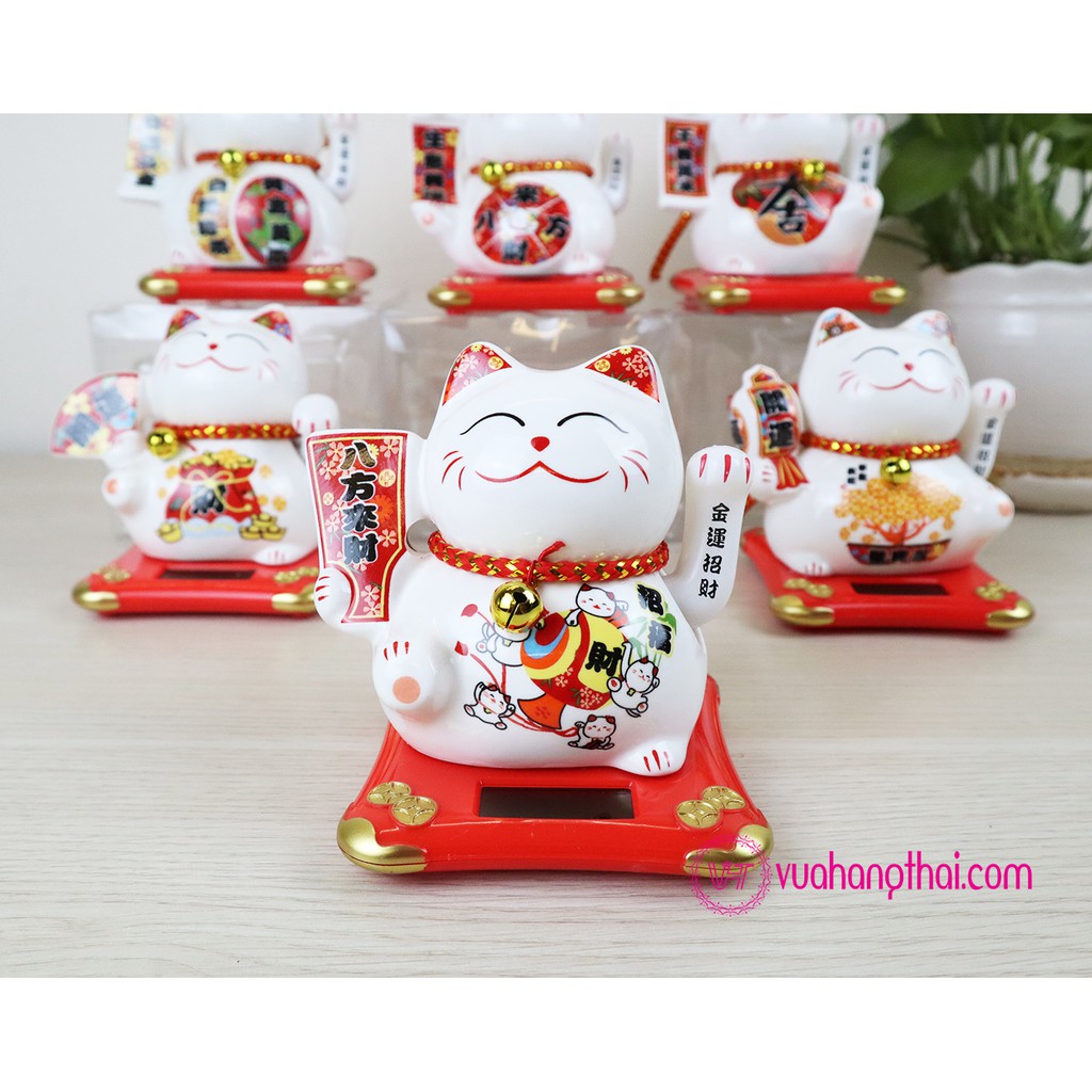 Mèo Thần Tài Vẫy Tay Maneki Neko Dùng Năng Lượng Mặt Trời, Bằng Sứ 11cm - Chiêu Tài Lộc, Kinh Doanh Hồng Phát