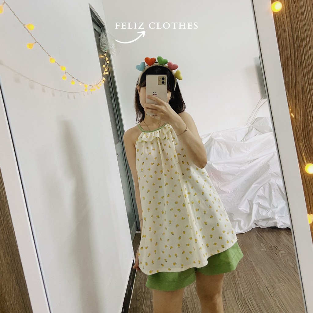 [Feliz.Clothes] Đồ ngủ 2 dây yếm linen bột hoa vàng siêu mát, siêu dễ thương
