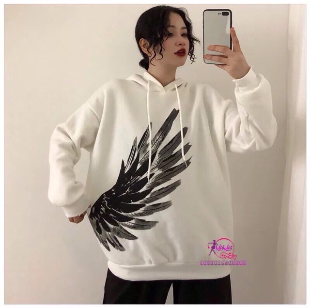 Áo khoác nỉ chui hoddie nam nữ in cánh trắng đen | BigBuy360 - bigbuy360.vn