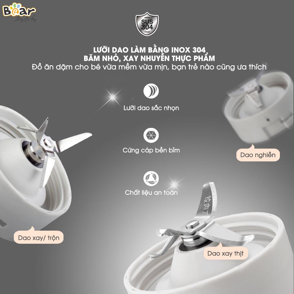 Máy Xay Đa Năng Bear 3 Cối Thủy Tinh Model LLJ-C04J1 Cao Cấp Dành Cho Bé Ăn Dặm Tặng Thìa Hàng Chính Hãng