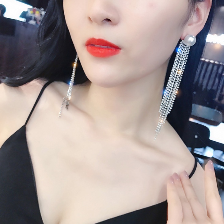 Bông Tai Mạ Bạc 925 Đính Đá Ngọc Trai Phối Tua Rua Phong Cách Hàn Quốc Thời Trang Cho Nữ