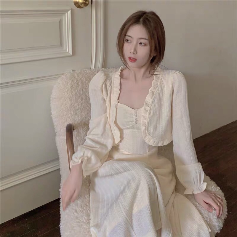 Đầm Hai Dây Len Dệt Kim Kiểu Thư / Áo Cardigan Len Viền Bèo HT015 | BigBuy360 - bigbuy360.vn