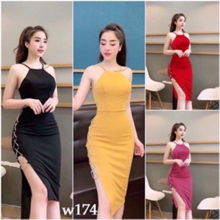 Váy Body Cổ Yếm Đan Dây Xẻ Tà Gợi Cảm